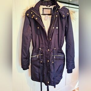 NWOT Falls Creek Navy Blue Utility Jacket Parka w Faux Fur Hood Pockets Size S